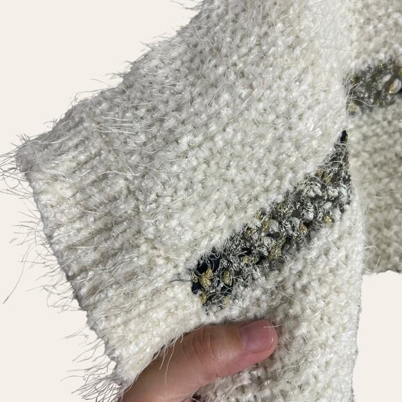 Anthropologie MOTH New Fringe Cream Metallic Oversized Poncho Sweater Size XS - Picture 3 of 8